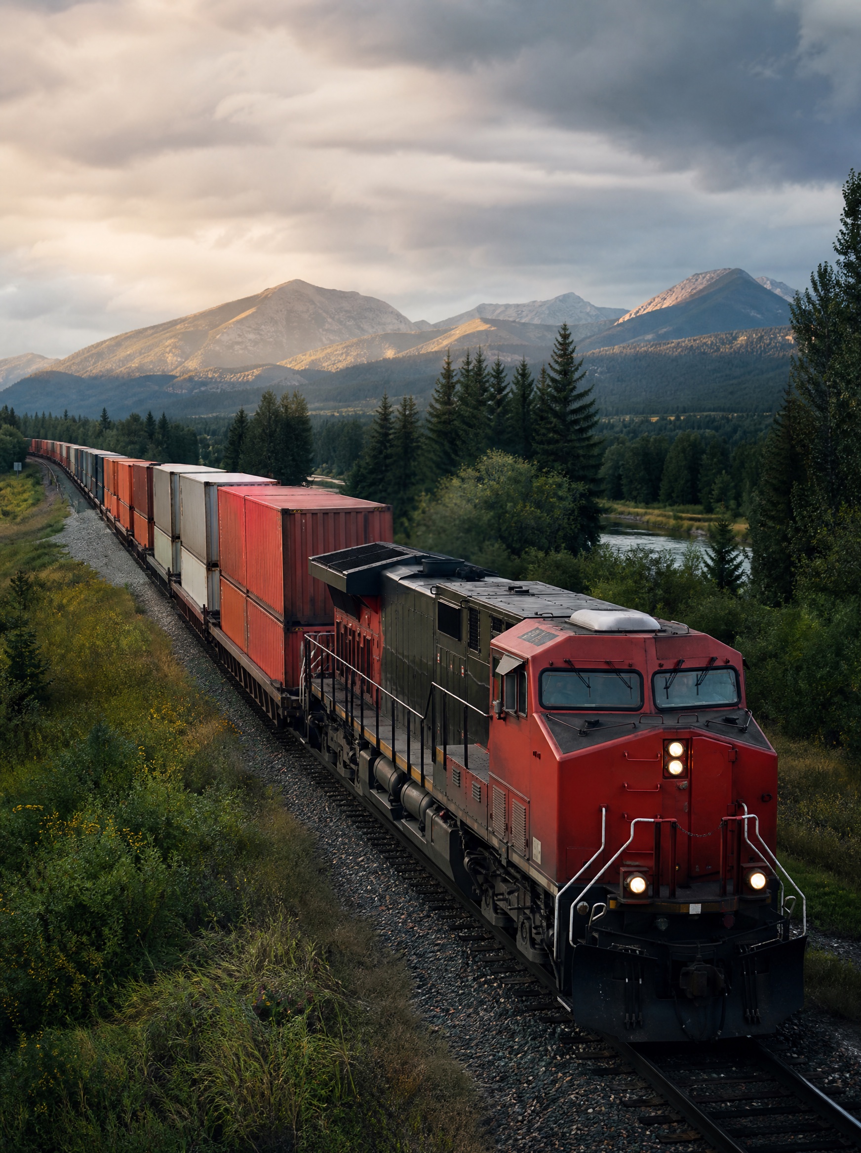 Container freight train traveling through the countryside