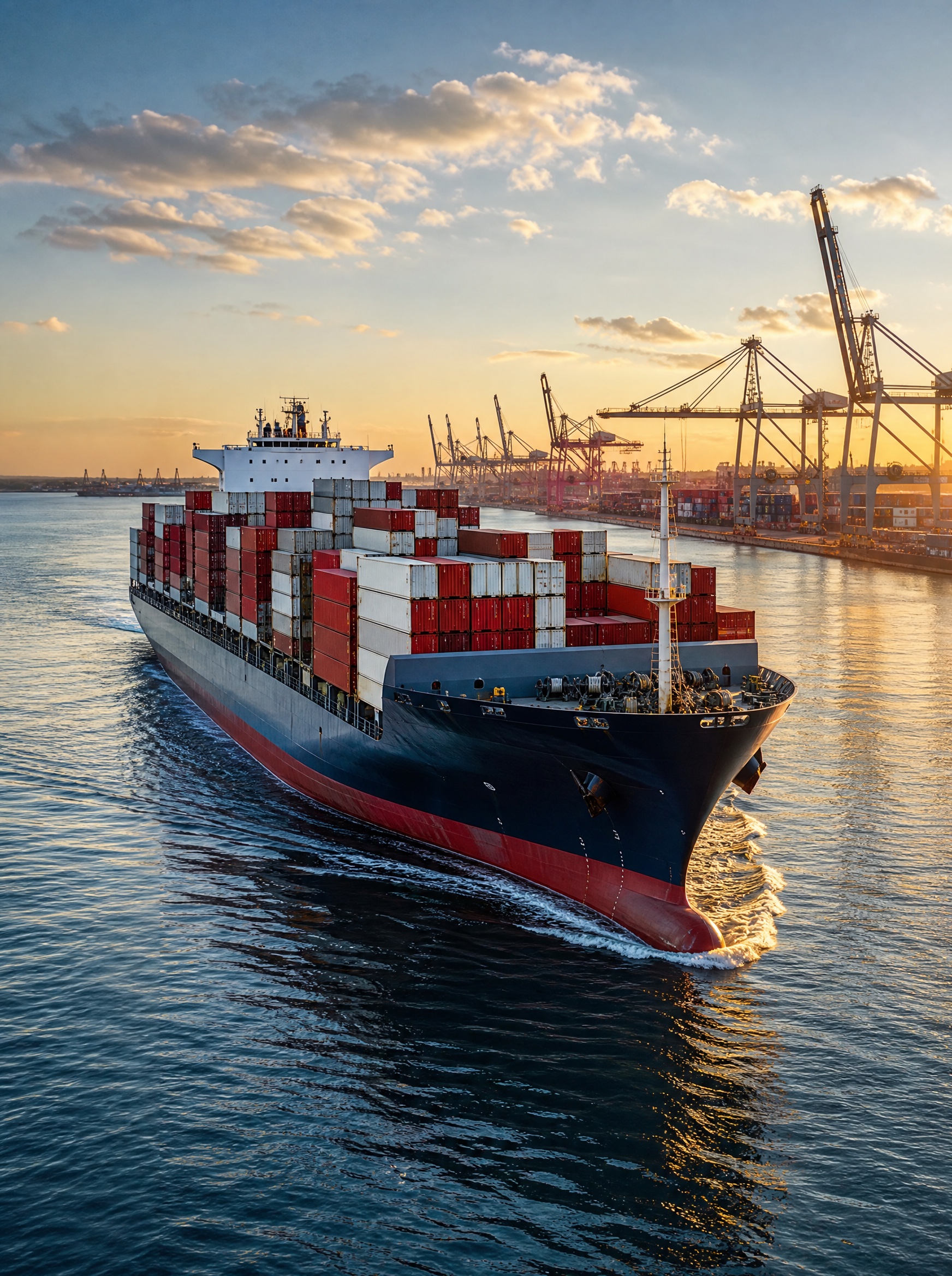 Container ship at a port in warm afternoon light