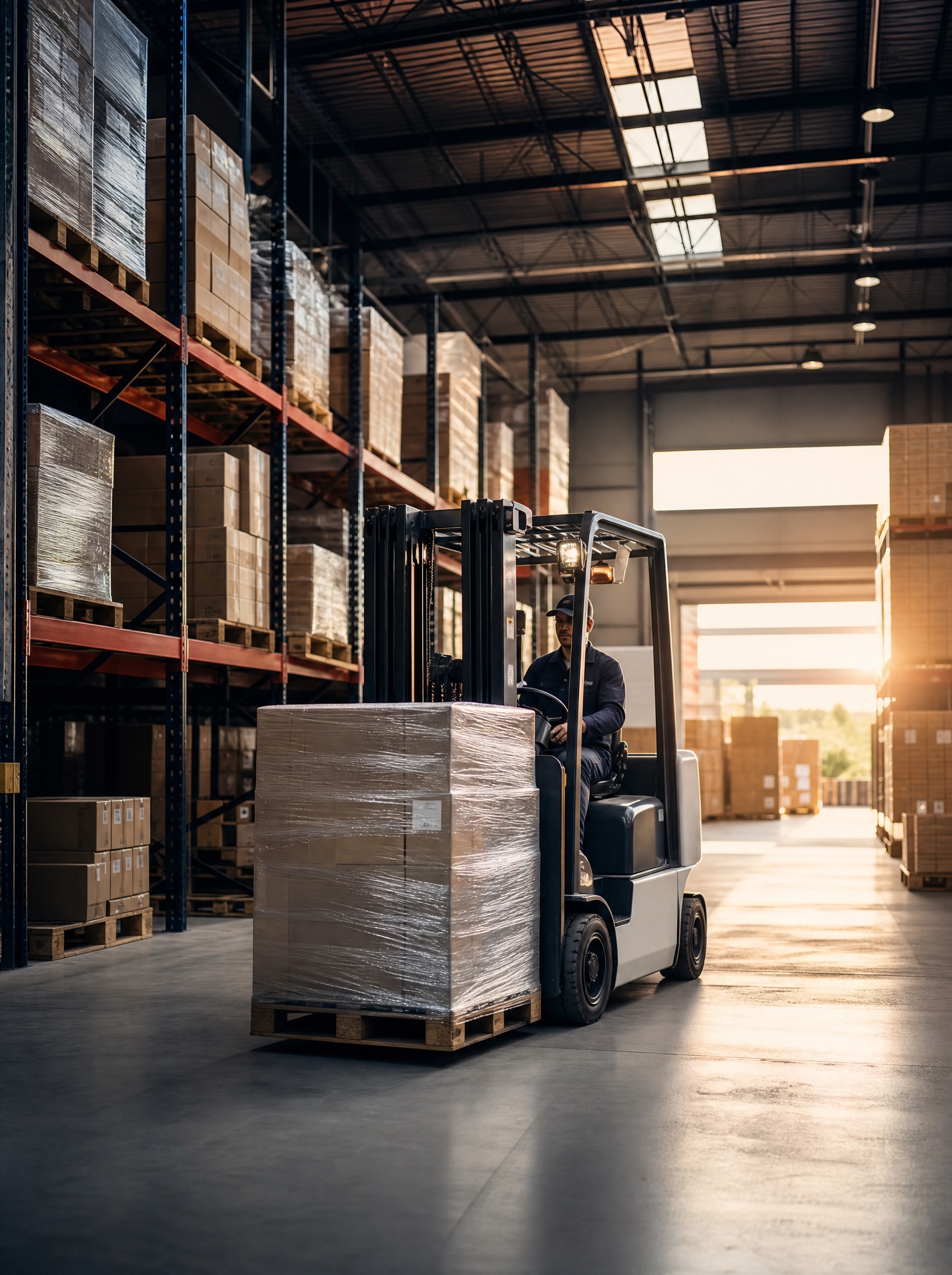 Organized pallet racks and a forklift in a warehouse
